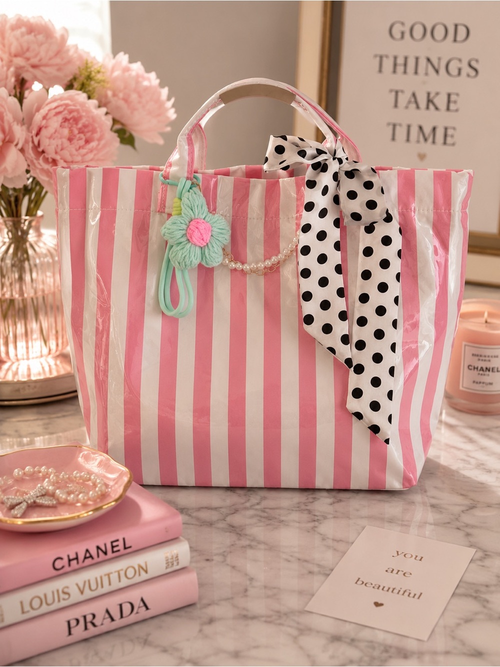Pink & White Striped Tote Bag with accessories